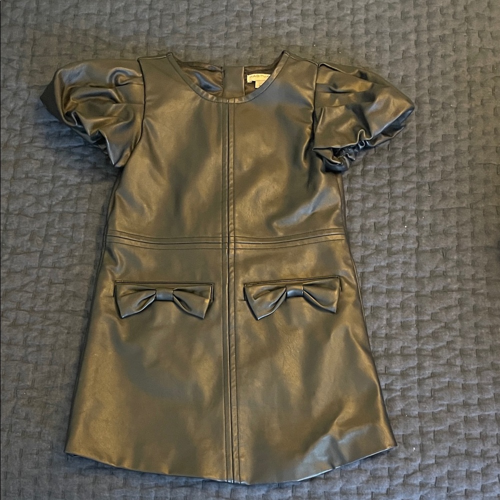 Habitual Black Faux Leather Kids Dress with Bow Details